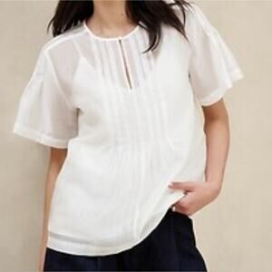 Banana Republic Factory Blouse Size S Pleated Placket White Sheer Short Sleeve